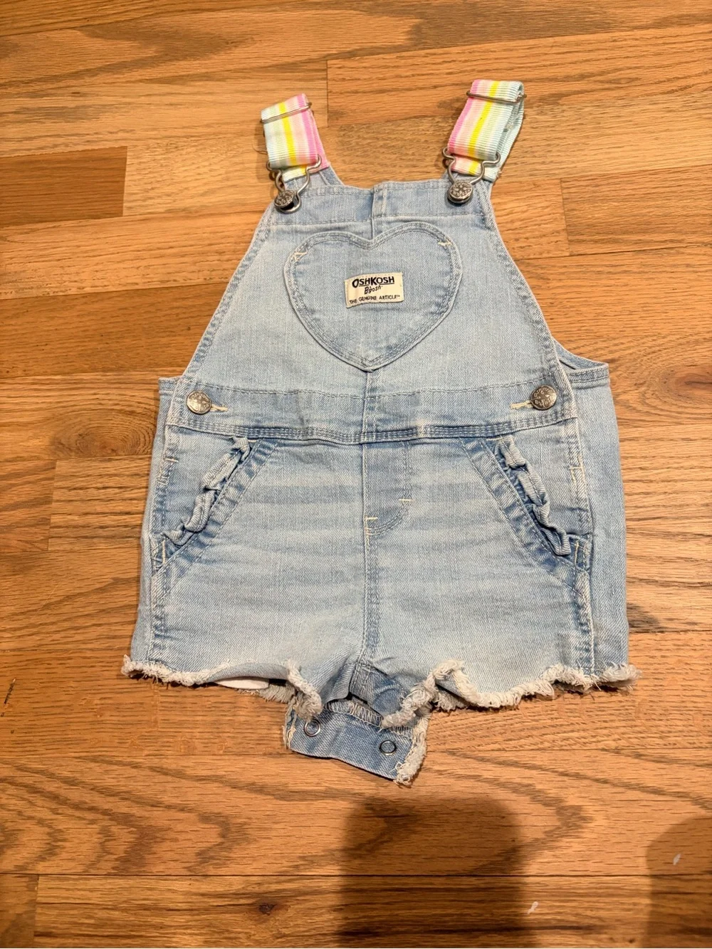 OshKosh Baby girl summer overalls with pastel rainbow straps